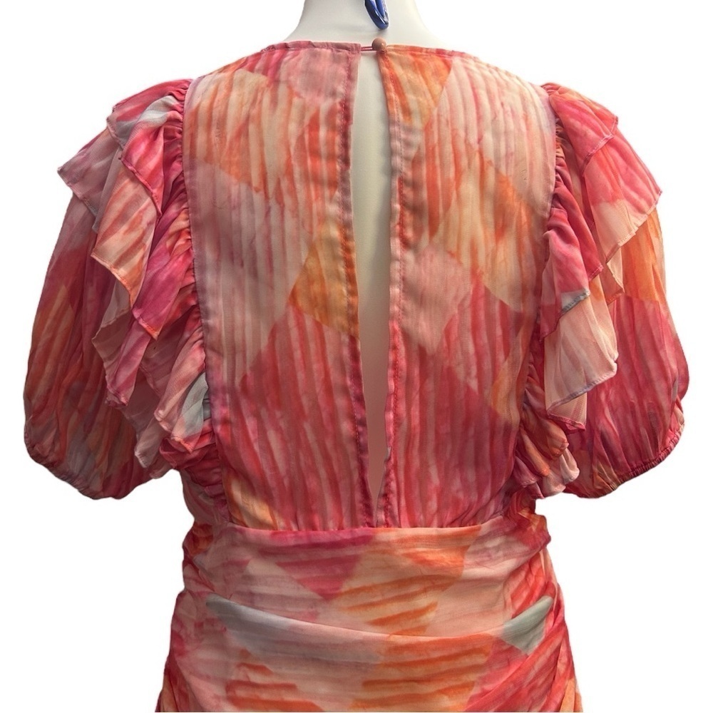 L’atiste Multicolor Ruffle Mini Dress Deep V Flutter Sleeve Ruched Colorful - Picture 11 of 15